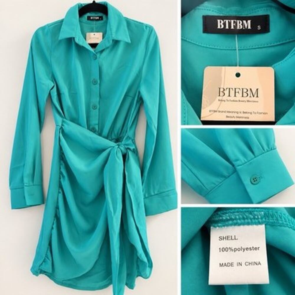 Women’s Wrap Shirt Dress Button Front Tie Waist Long Sleeve Aqua Green S NWT